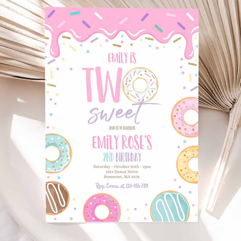 Two Sweet Donut Kids Birthday, Pink Pastel Donut Two Sweet Kids Birthday, Donut Kids Birthday Party