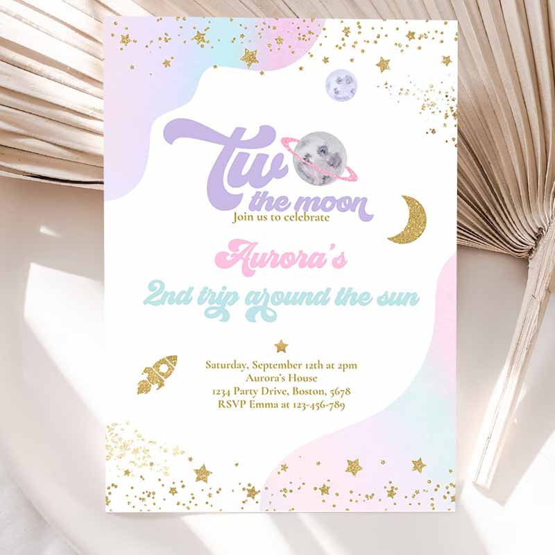 Two The Moon Space Kids Birthday Invitation, Trip Arounde Sun Watercolor Pink Planets Galaxy Outer Space Party