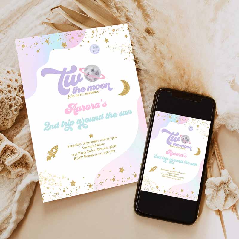 Two The Moon Space Kids Birthday Invitation, Trip Arounde Sun Watercolor Pink Planets Galaxy Outer Space Party