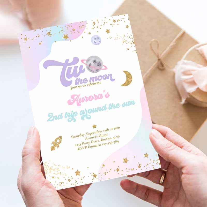 Two The Moon Space Kids Birthday Invitation, Trip Arounde Sun Watercolor Pink Planets Galaxy Outer Space Party