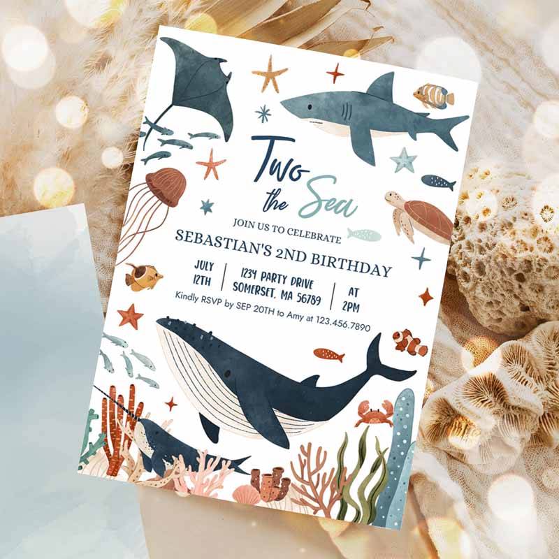 Two The Sea Kids Birthday, Under The Sea Kids Birthday, Whale Shark Sea Life Party Invitation