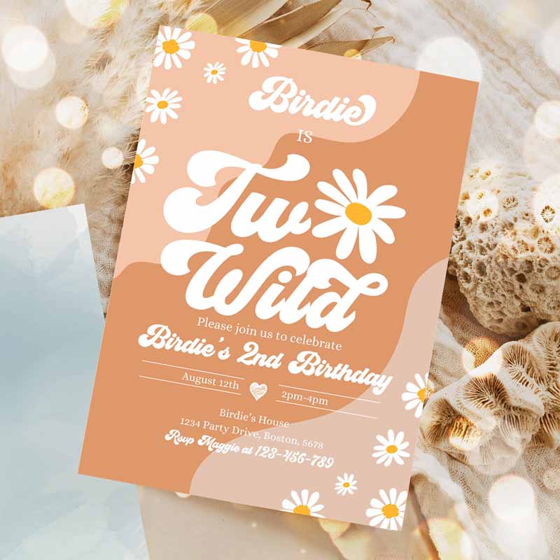 Two Wild Kids Birthday, Boho Daisy Two Wild Party, Groovy Hippie Floral 's Daisy Hippie Party Invitation