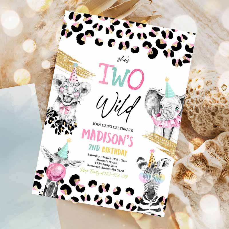 Two Wild Kids Birthday Invitation, Safari Animals Kids Birthday Party, Monochrome Safari Animals Cheetah Leopard Print Party Invitation