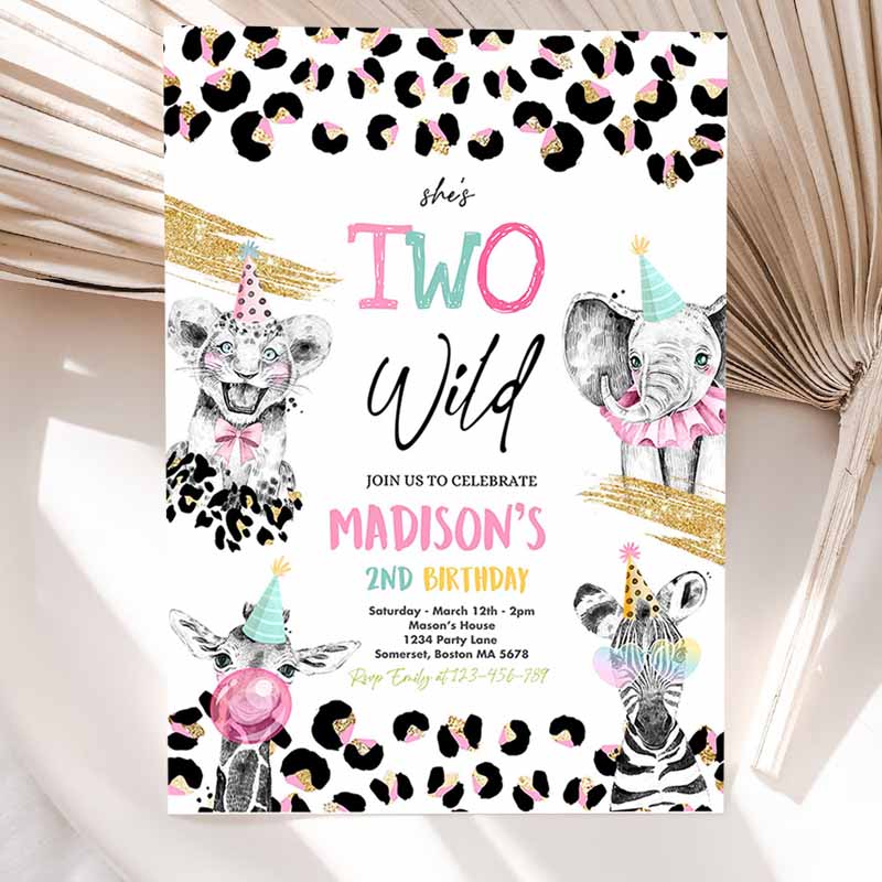 Two Wild Kids Birthday Invitation, Safari Animals Kids Birthday Party, Monochrome Safari Animals Cheetah Leopard Print Party