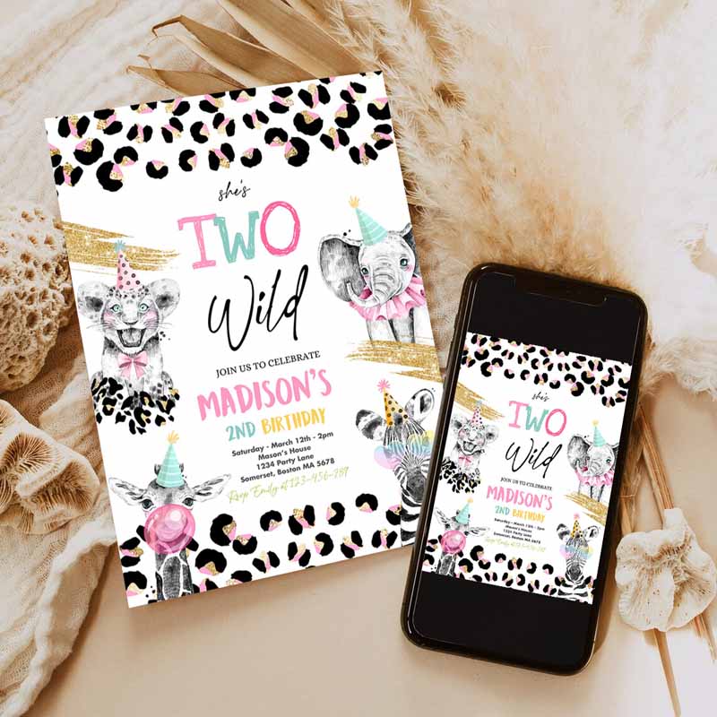 Two Wild Kids Birthday Invitation, Safari Animals Kids Birthday Party, Monochrome Safari Animals Cheetah Leopard Print Party