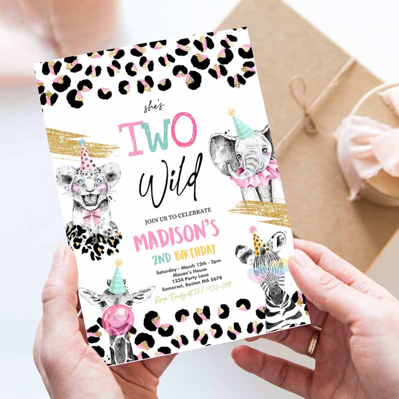 Two Wild Kids Birthday Invitation, Safari Animals Kids Birthday Party, Monochrome Safari Animals Cheetah Leopard Print Party