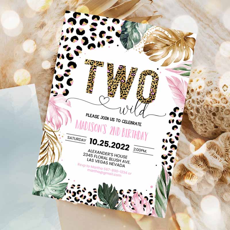 Two Wild Leopard Print Jungle Kids Birthday, Leopard Print Invite Born Two Wild Invitation