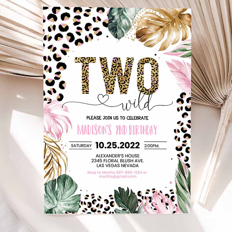 Two Wild Leopard Print Jungle Kids Birthday, Leopard Print Invite Born Two Wild