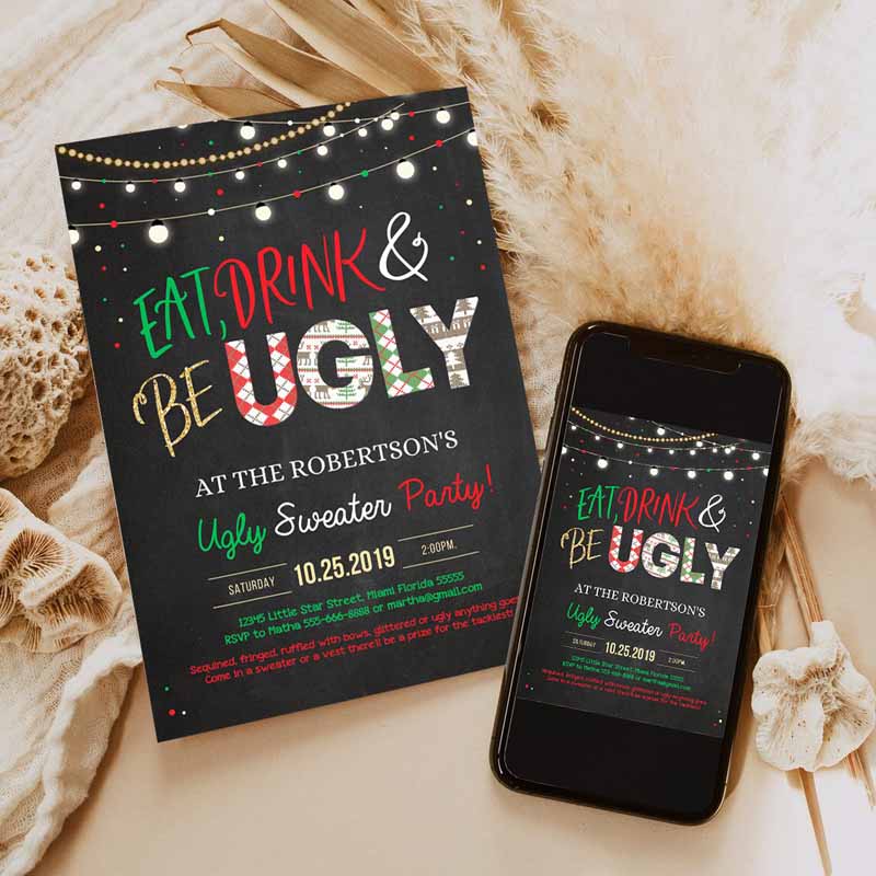 Ugly Sweater Party Invitation, Rustic Christmas Ugly Sweater Invitation, Eat Drink And Be Ugly Sweater Party