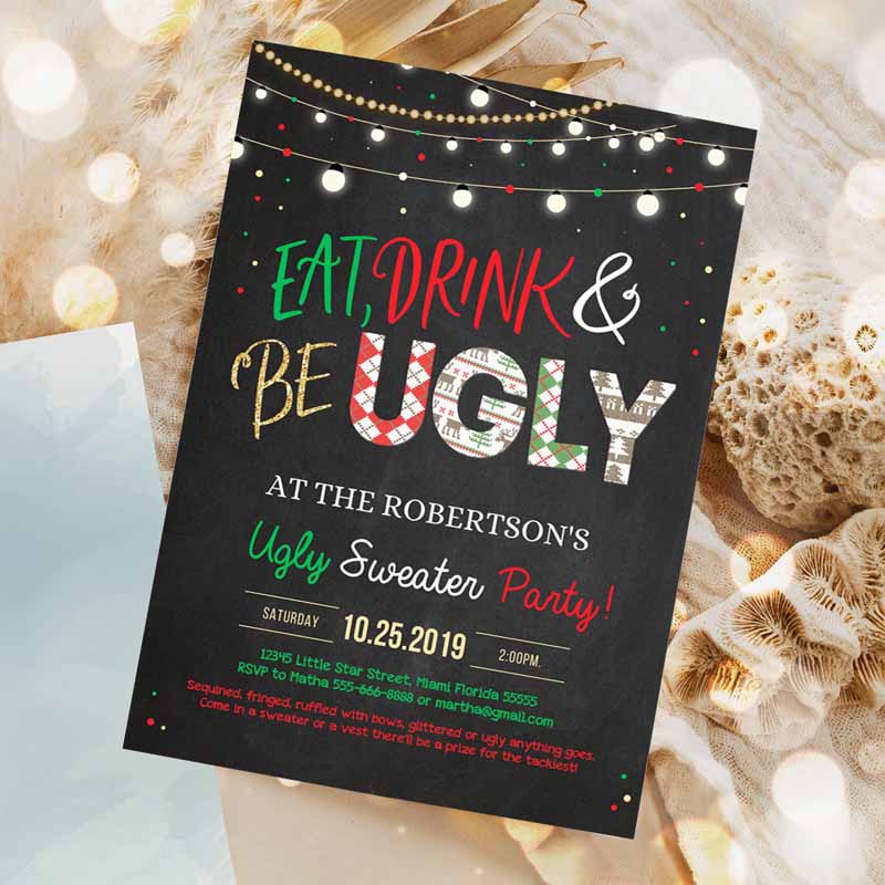 Ugly Sweater Party Invitation, Rustic Christmas Ugly Sweater Invitation, Eat Drink And Be Ugly Sweater Party