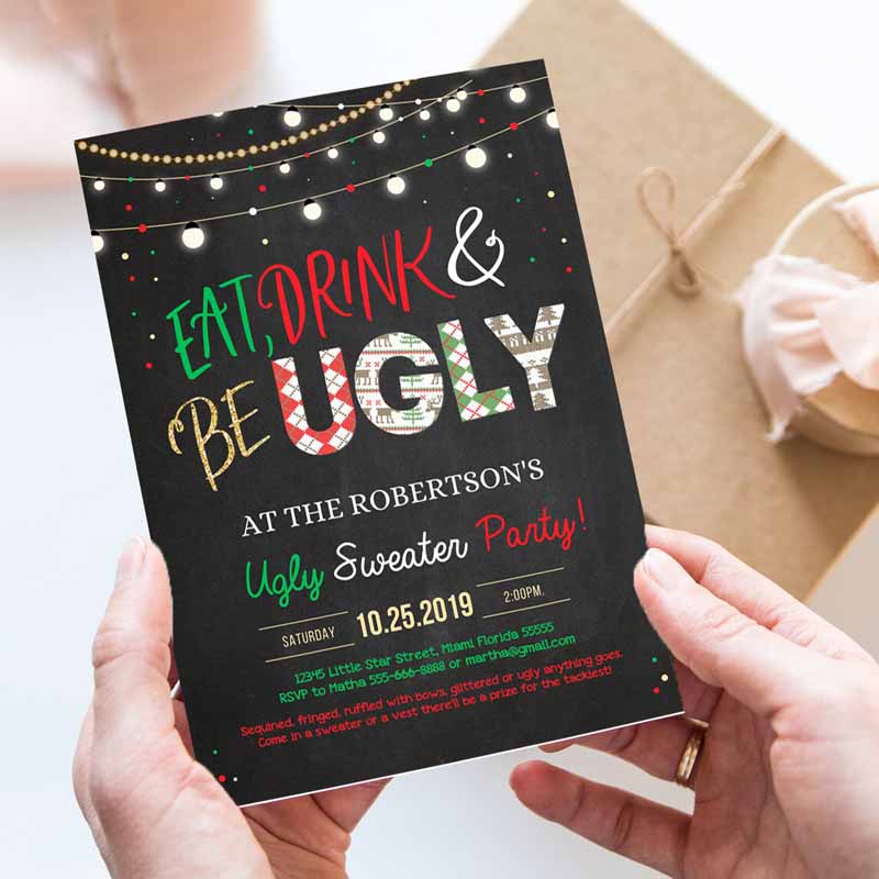 Ugly Sweater Party Invitation, Rustic Christmas Ugly Sweater Invitation, Eat Drink And Be Ugly Sweater Party