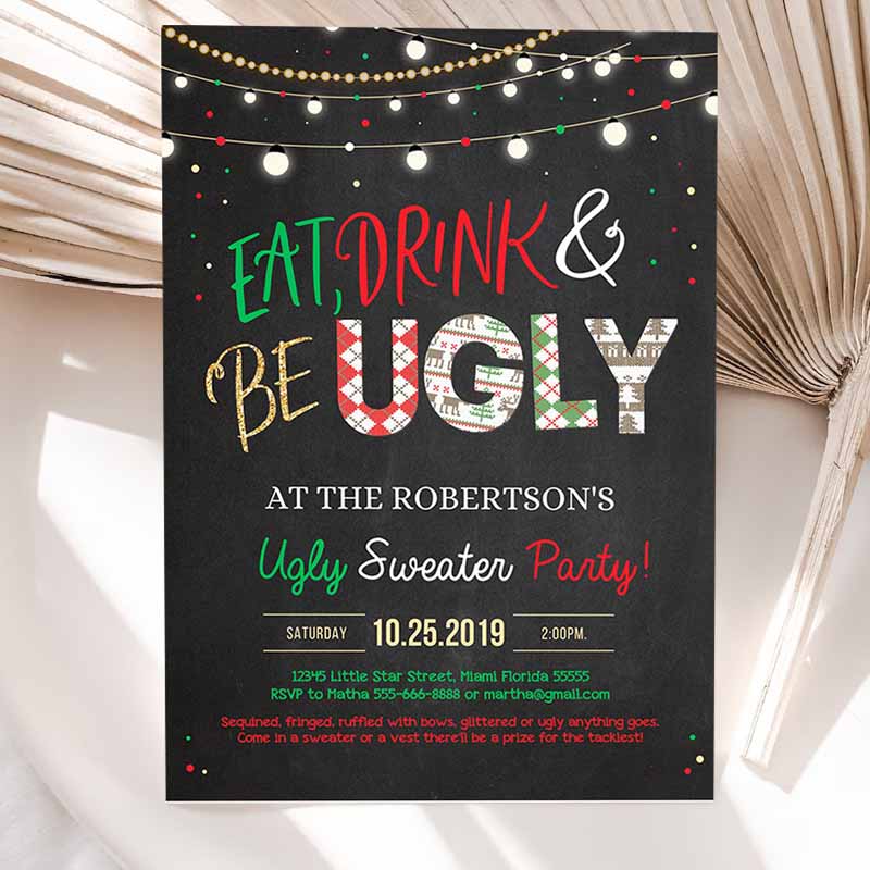 Ugly Sweater Party Invitation, Rustic Christmas Ugly Sweater Invitation, Eat Drink And Be Ugly Sweater Party