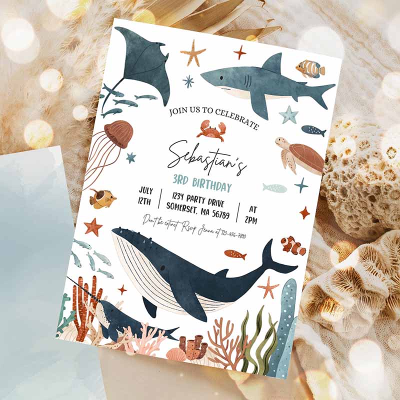 Under The Sea Kids Birthday, Whale Turtle Shark Jellyfish Sea Life Kids Birthday Party Invitation