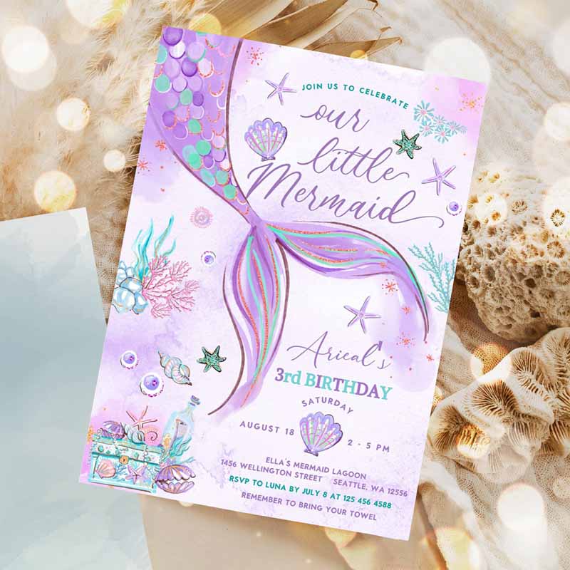 Under The Sea Purple Teal Little Mermaid Kids Birthday Invitation