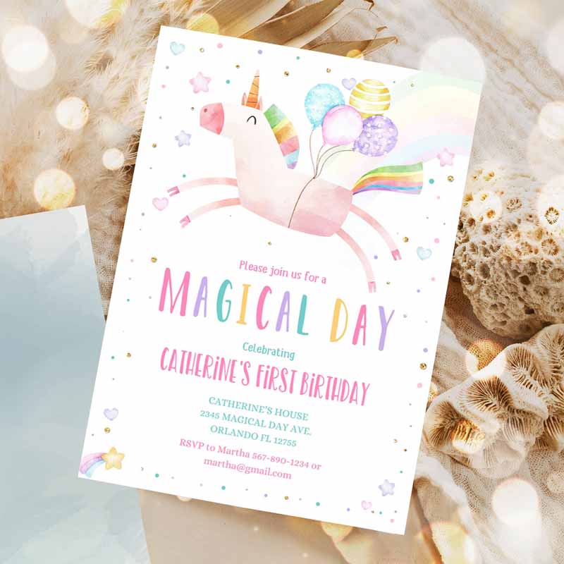 Unicorn Kids Birthday Invitation Party, Invite Girl Pink First Kids Birthday, Digital Invite Reainbow Invitation