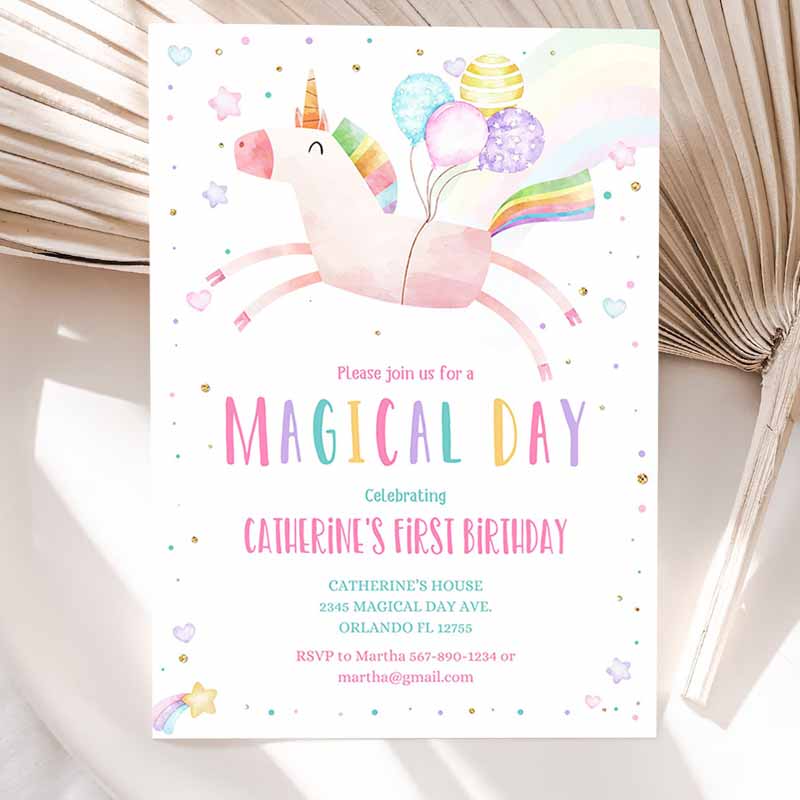 Unicorn Kids Birthday Invitation Party, Invite Girl Pink First Kids Birthday, Digital Invite Reainbow