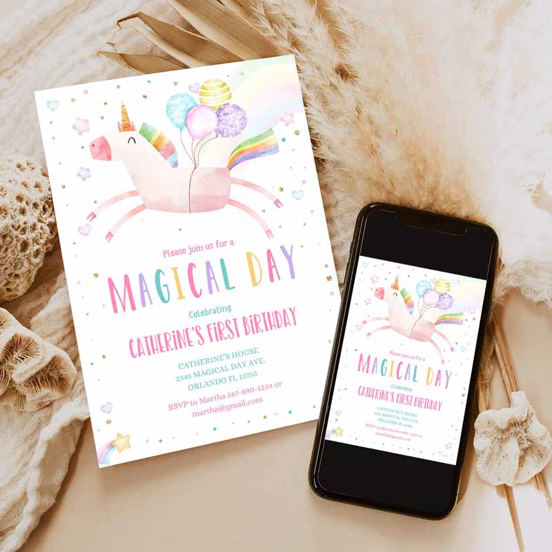 Unicorn Kids Birthday Invitation Party, Invite Girl Pink First Kids Birthday, Digital Invite Reainbow