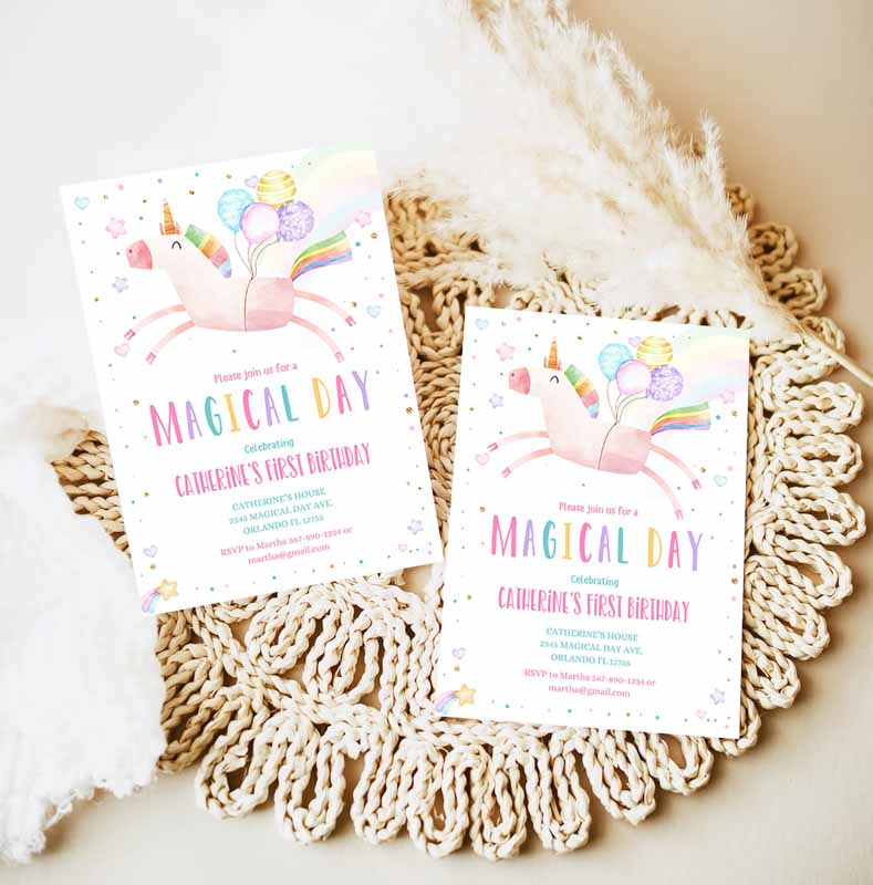 Unicorn Kids Birthday Invitation Party, Invite Girl Pink First Kids Birthday, Digital Invite Reainbow