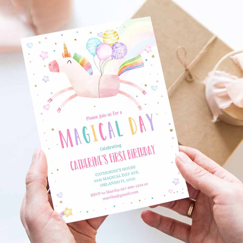 Unicorn Kids Birthday Invitation Party, Invite Girl Pink First Kids Birthday, Digital Invite Reainbow