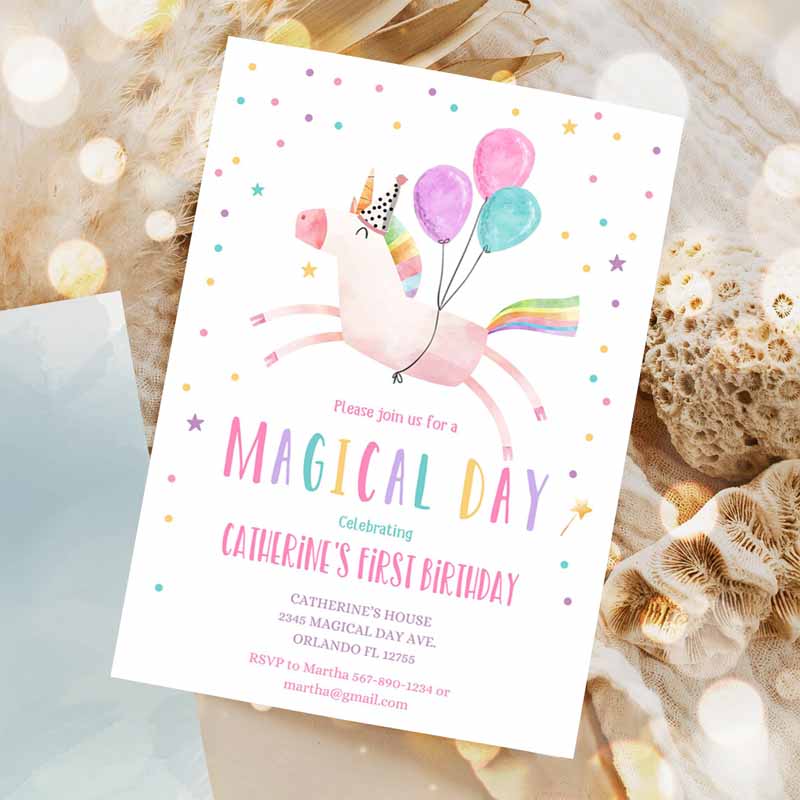 Unicorn Kids Birthday Invitation Party, Invite Girl Pink First Kids Birthday Party, Digital Invite Rainbow Invitation