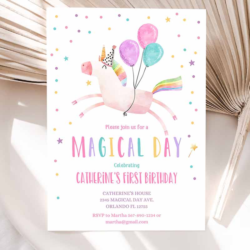 Unicorn Kids Birthday Invitation Party, Invite Girl Pink First Kids Birthday Party, Digital Invite Rainbow Invitation