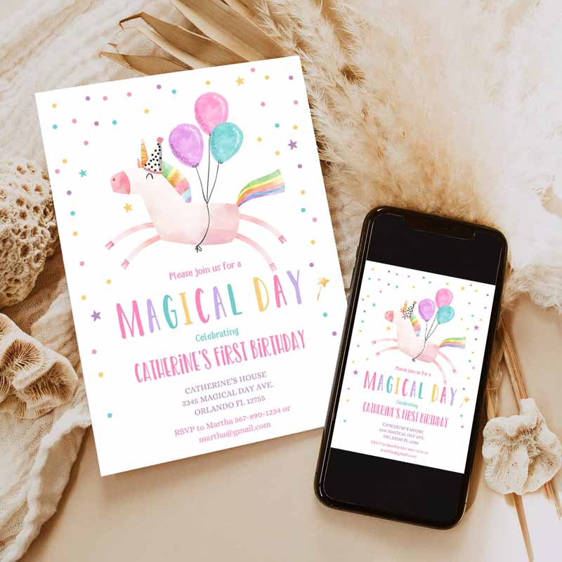 Unicorn Kids Birthday Invitation Party, Invite Girl Pink First Kids Birthday Party, Digital Invite Rainbow Invitation