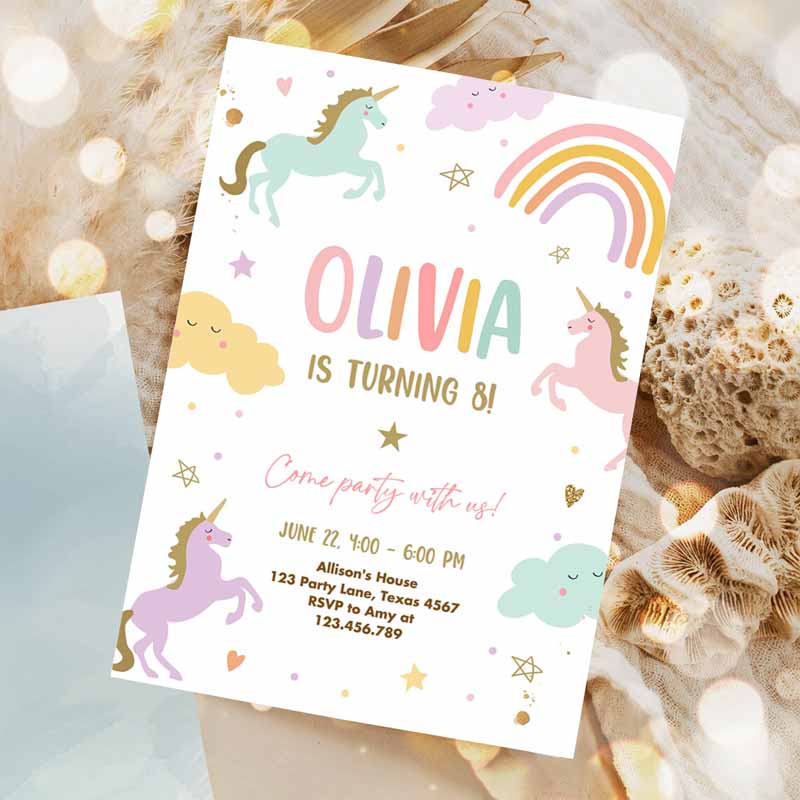 Unicorn Kids Birthday Invitation Party, Invite Girl Pink Pastel First Digital Unicorn Party Invitation