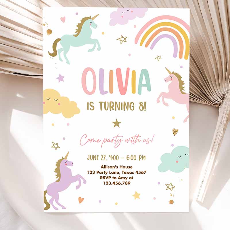 Unicorn Kids Birthday Invitation Party, Invite Girl Pink Pastel First Digital Unicorn Party