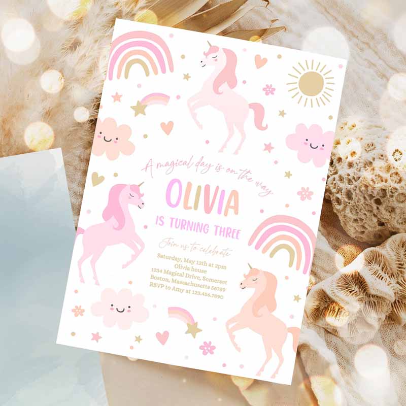 Unicorn Kids Birthday Invitation Pink Pastel Rainbow Unicorn Party, Whimsical Fairytale Unicorn Party