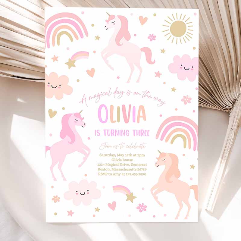 Unicorn Kids Birthday Invitation Pink Pastel Rainbow Unicorn Party, Whimsical Fairytale Unicorn Party