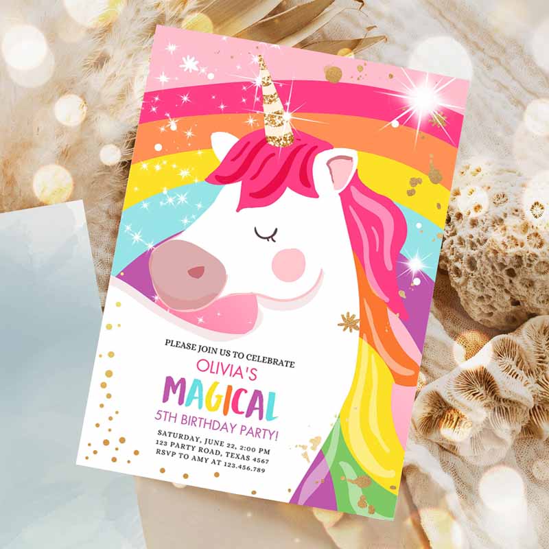 Unicorn Kids Birthday Invitation Unicorn Party, Girl Pink Gold Unicorn Invite Rainbow Printable