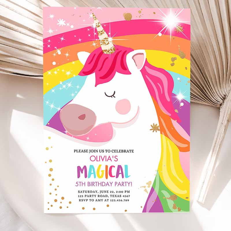 Unicorn Kids Birthday Invitation Unicorn Party, Girl Pink Gold Unicorn Invite Rainbow Printable