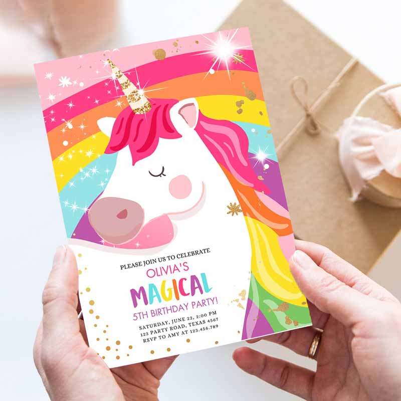 Unicorn Kids Birthday Invitation Unicorn Party, Girl Pink Gold Unicorn Invite Rainbow