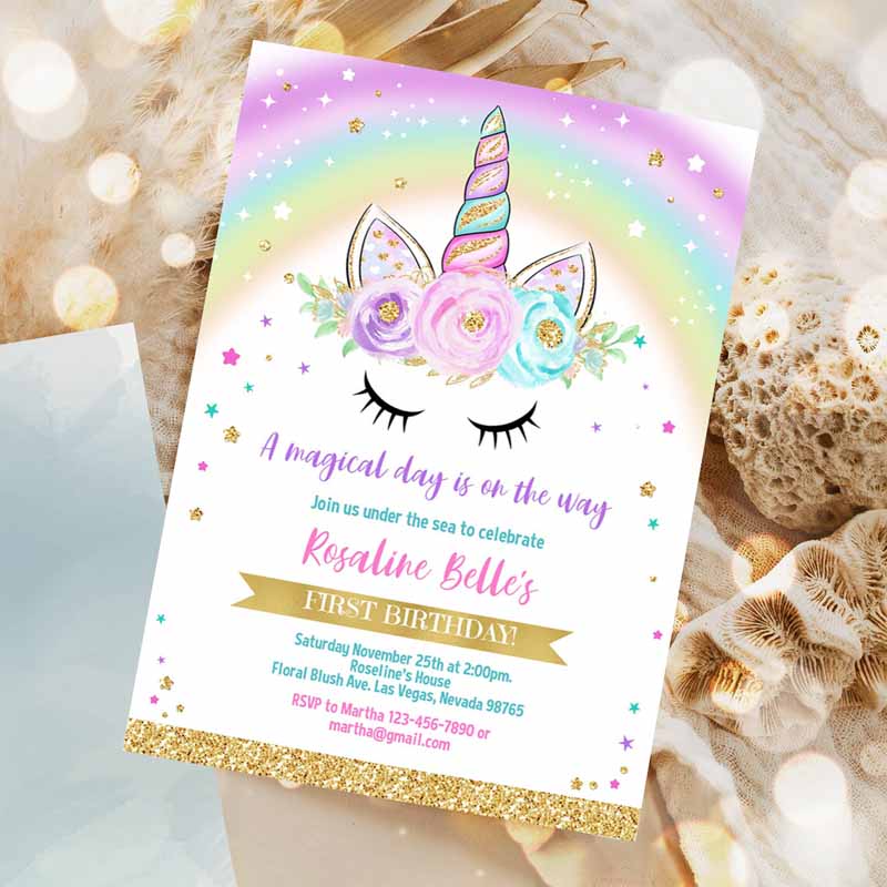 Unicorn Invitation, Rainbow Unicorn invite Unicorn Party, Unicorn Kids Birthday Unicorn Girl gold Party