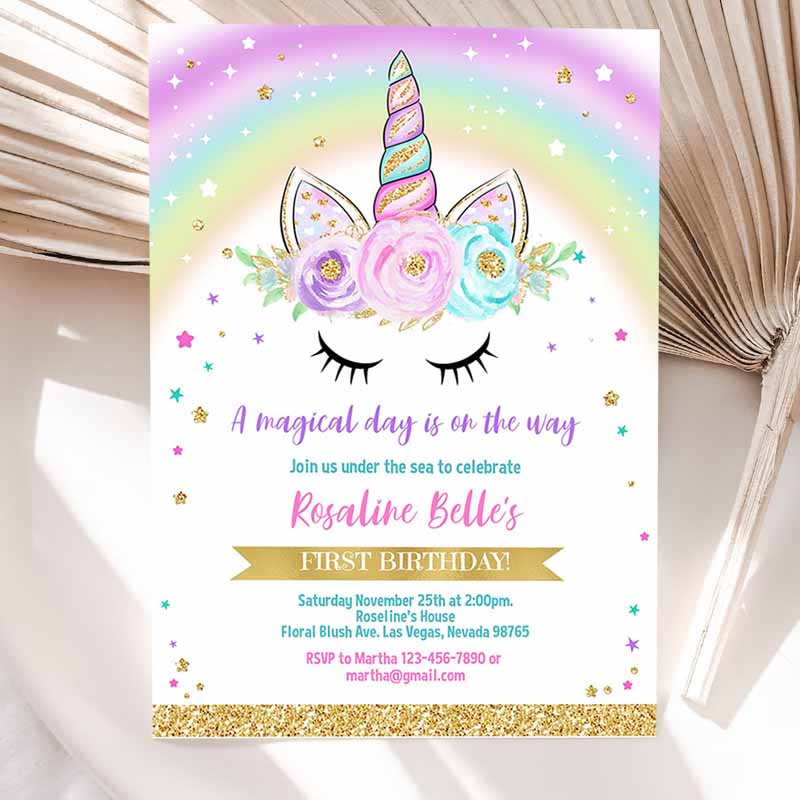 Unicorn Invitation, Rainbow Unicorn invite Unicorn Party, Unicorn Kids Birthday Unicorn Girl gold Party