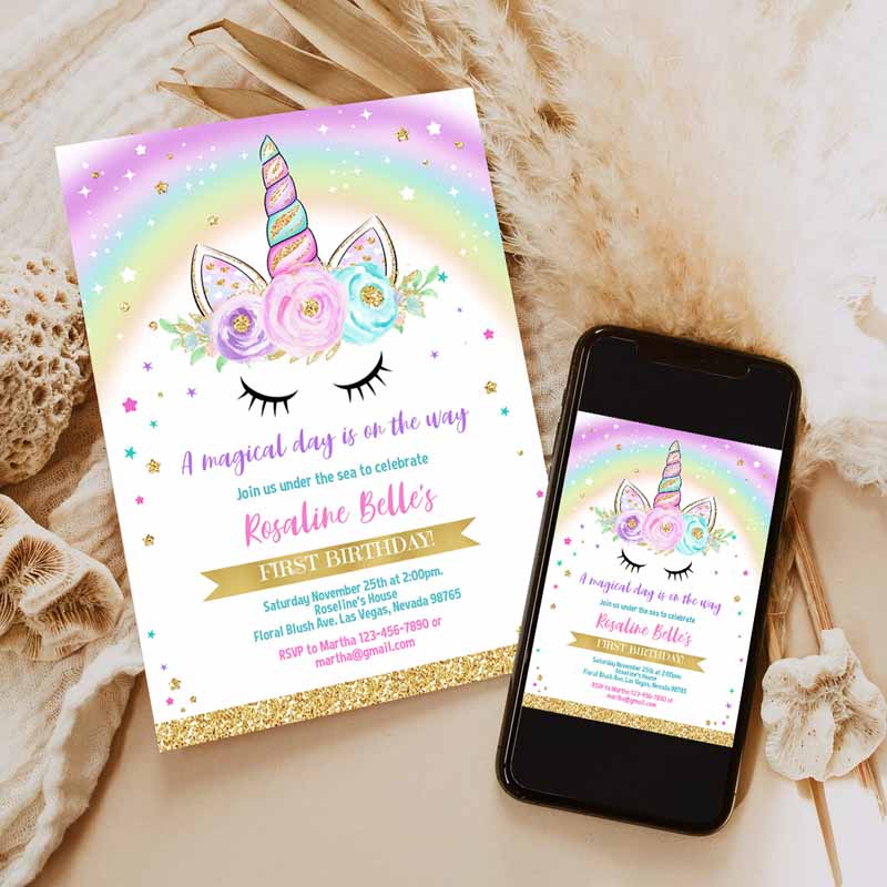 Unicorn Invitation, Rainbow Unicorn invite Unicorn Party, Unicorn Kids Birthday Unicorn Girl gold Party