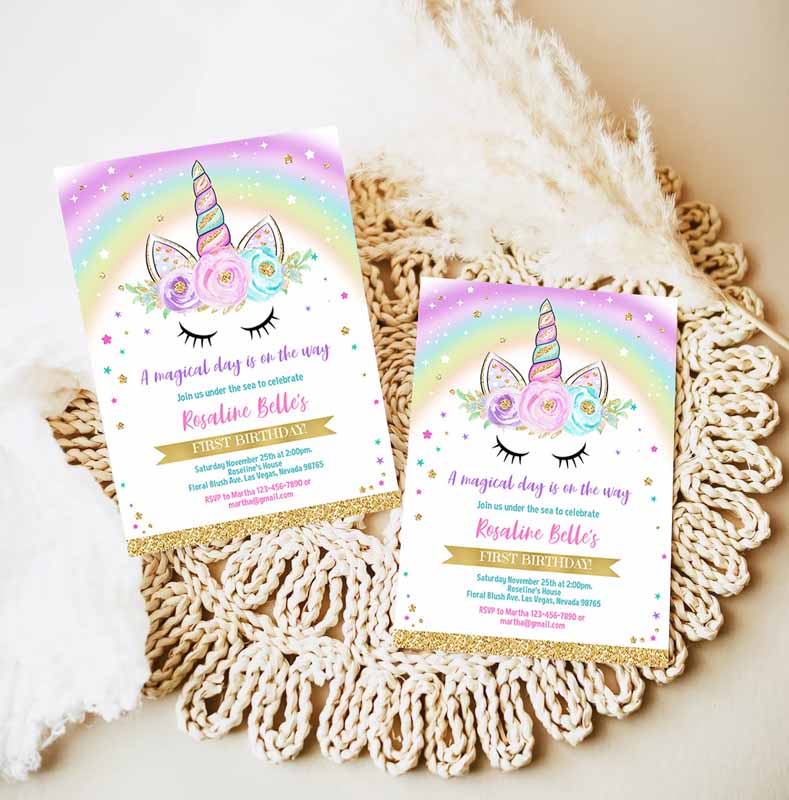 Unicorn Invitation, Rainbow Unicorn invite Unicorn Party, Unicorn Kids Birthday Unicorn Girl gold Party