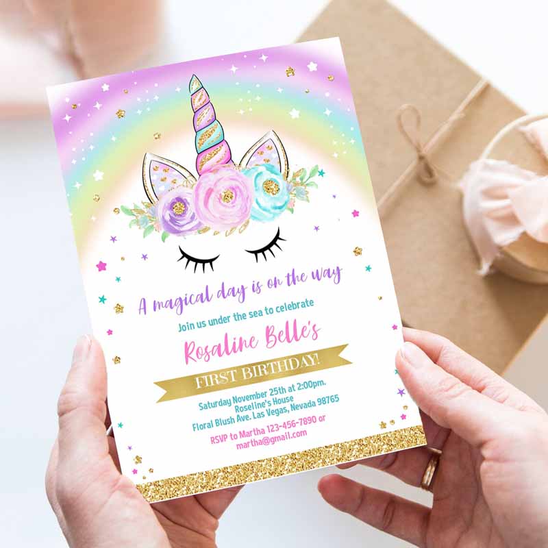 Unicorn Invitation, Rainbow Unicorn invite Unicorn Party, Unicorn Kids Birthday Unicorn Girl gold Party