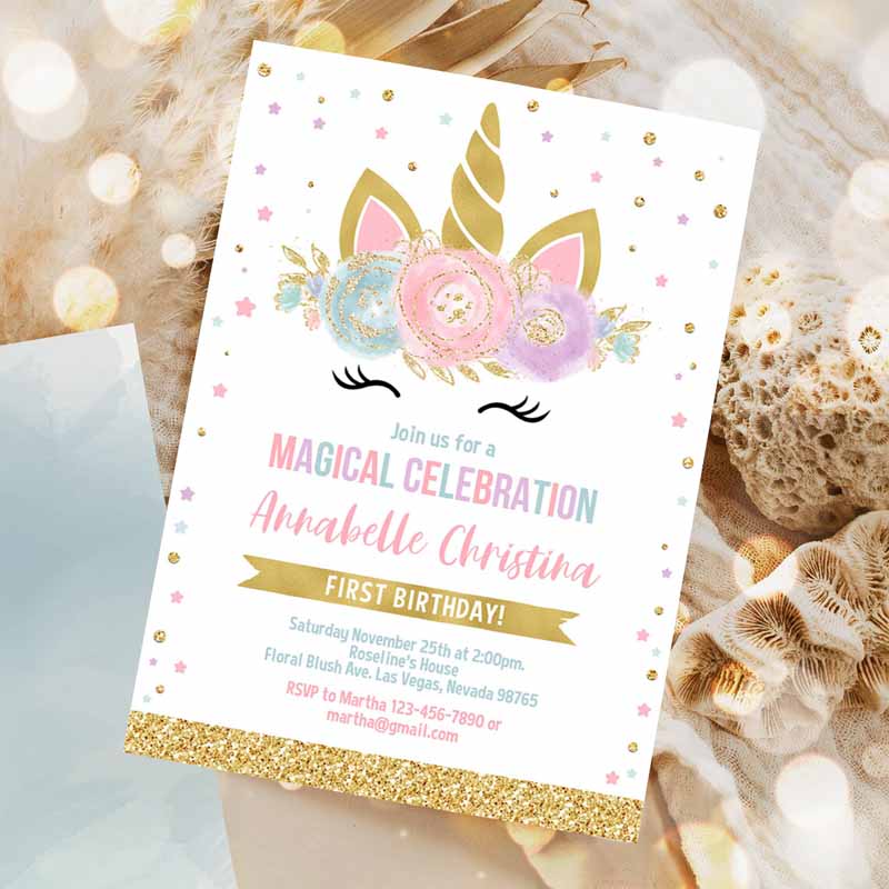 Unicorn Invitation, Unicorn Party, Unicorn Kids Birthday Unicorn Invite Girl gold Invitation