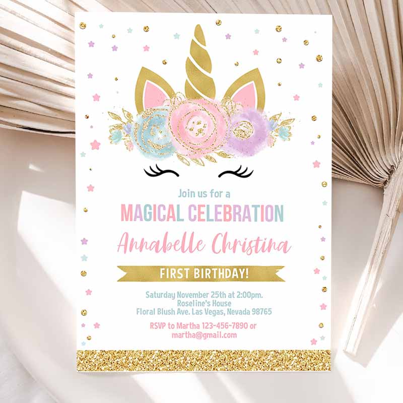 Unicorn Invitation, Unicorn Party, Unicorn Kids Birthday Unicorn Invite Girl gold