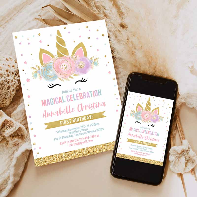 Unicorn Invitation, Unicorn Party, Unicorn Kids Birthday Unicorn Invite Girl gold