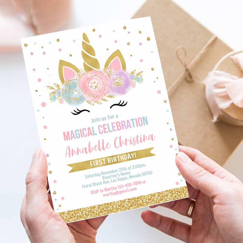 Unicorn Invitation, Unicorn Party, Unicorn Kids Birthday Unicorn Invite Girl gold