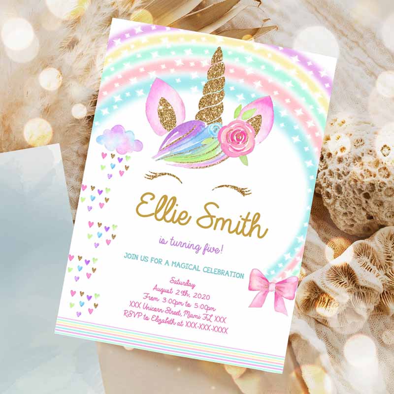 Unicorn Invitation, Unicorn Party, Unicorn Kids Birthday Unicorn Invite Girl Pastel gold Invitation