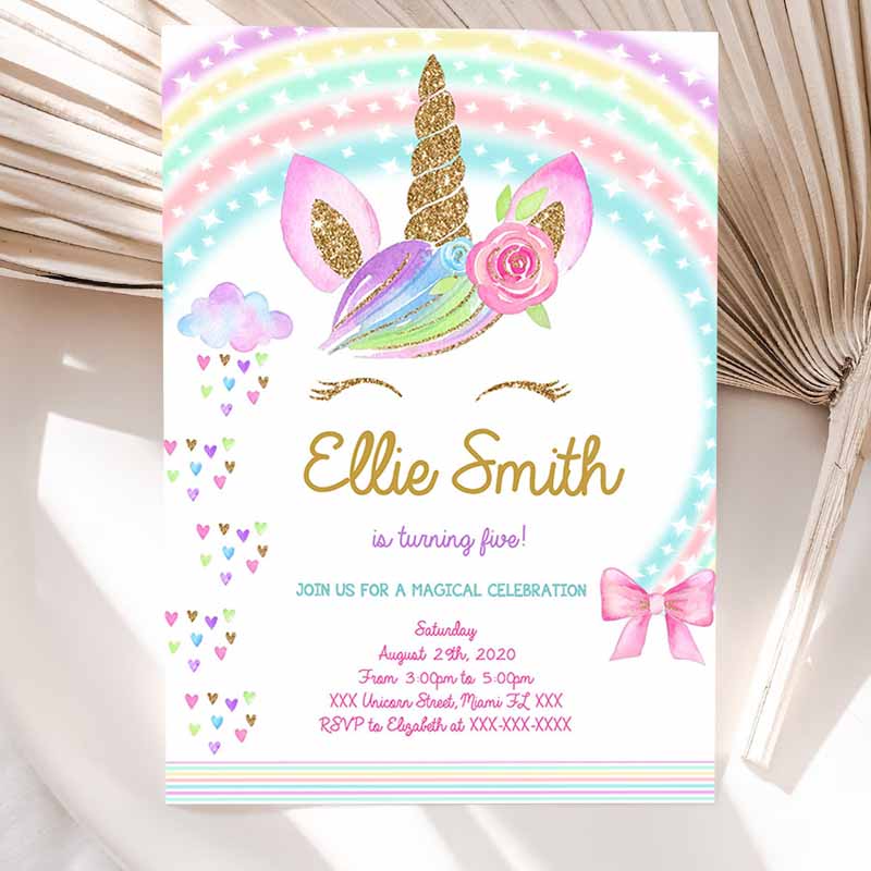 Unicorn Invitation, Unicorn Party, Unicorn Kids Birthday Unicorn Invite Girl Pastel gold