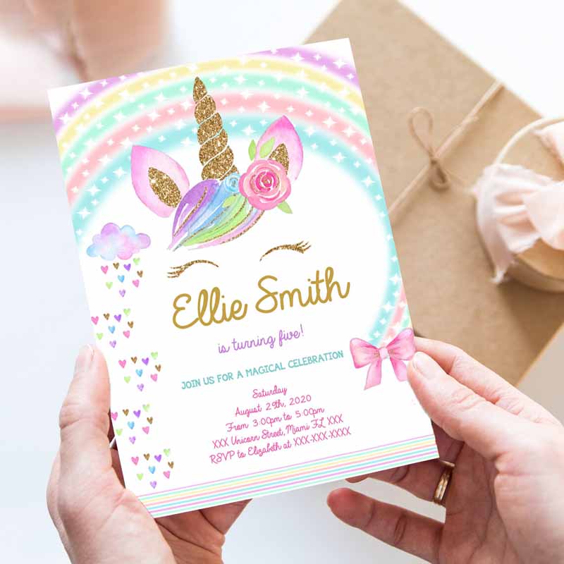 Unicorn Invitation, Unicorn Party, Unicorn Kids Birthday Unicorn Invite Girl Pastel gold