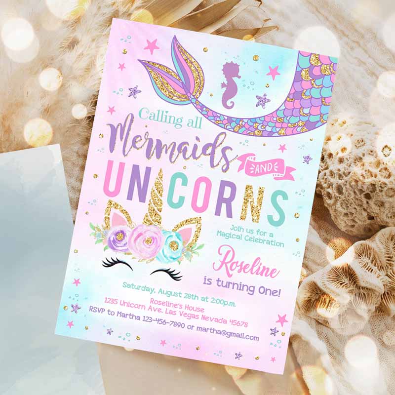 Unicorn Mermaid Kids Birthday Invitation, Mermaid invite Unicorn Party Unicorn Party