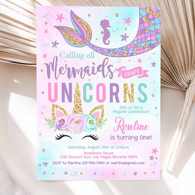 Unicorn Mermaid Kids Birthday Invitation, Mermaid invite Unicorn Party Unicorn Party