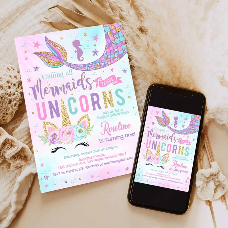 Unicorn Mermaid Kids Birthday Invitation, Mermaid invite Unicorn Party Unicorn Party