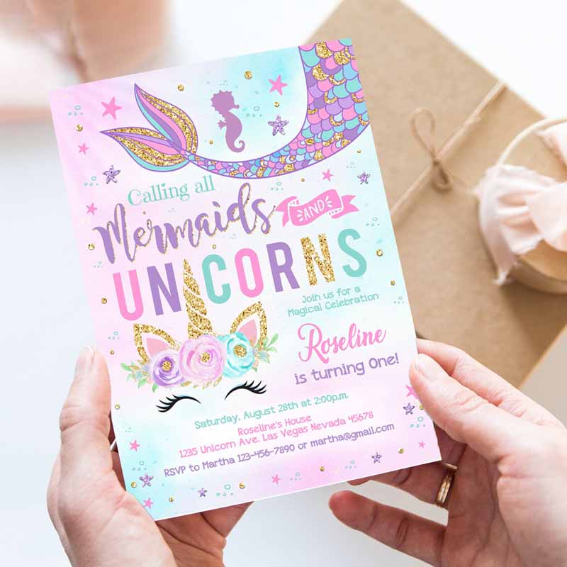 Unicorn Mermaid Kids Birthday Invitation, Mermaid invite Unicorn Party Unicorn Party