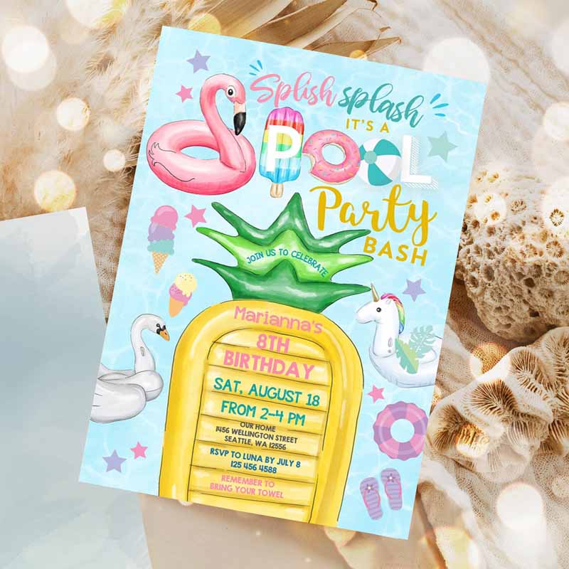 Unicorn Pool Party Invitation, Invite Flamingo Pineapple Pool Part Party, Teens Kids Birthday